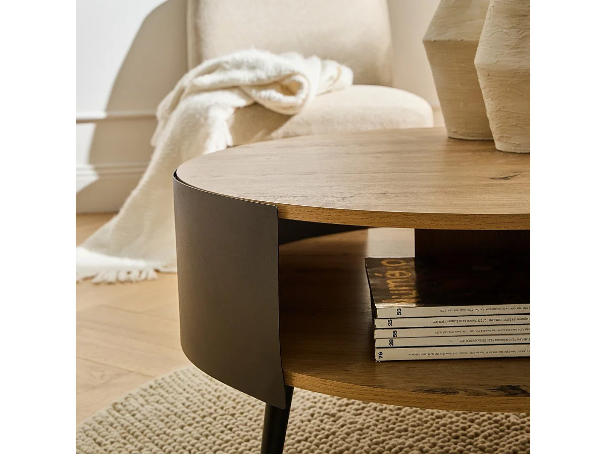 Ronde salontafel met 2 niveaus en zijkanten van zwart metaal, Ø80 cm – EKLO