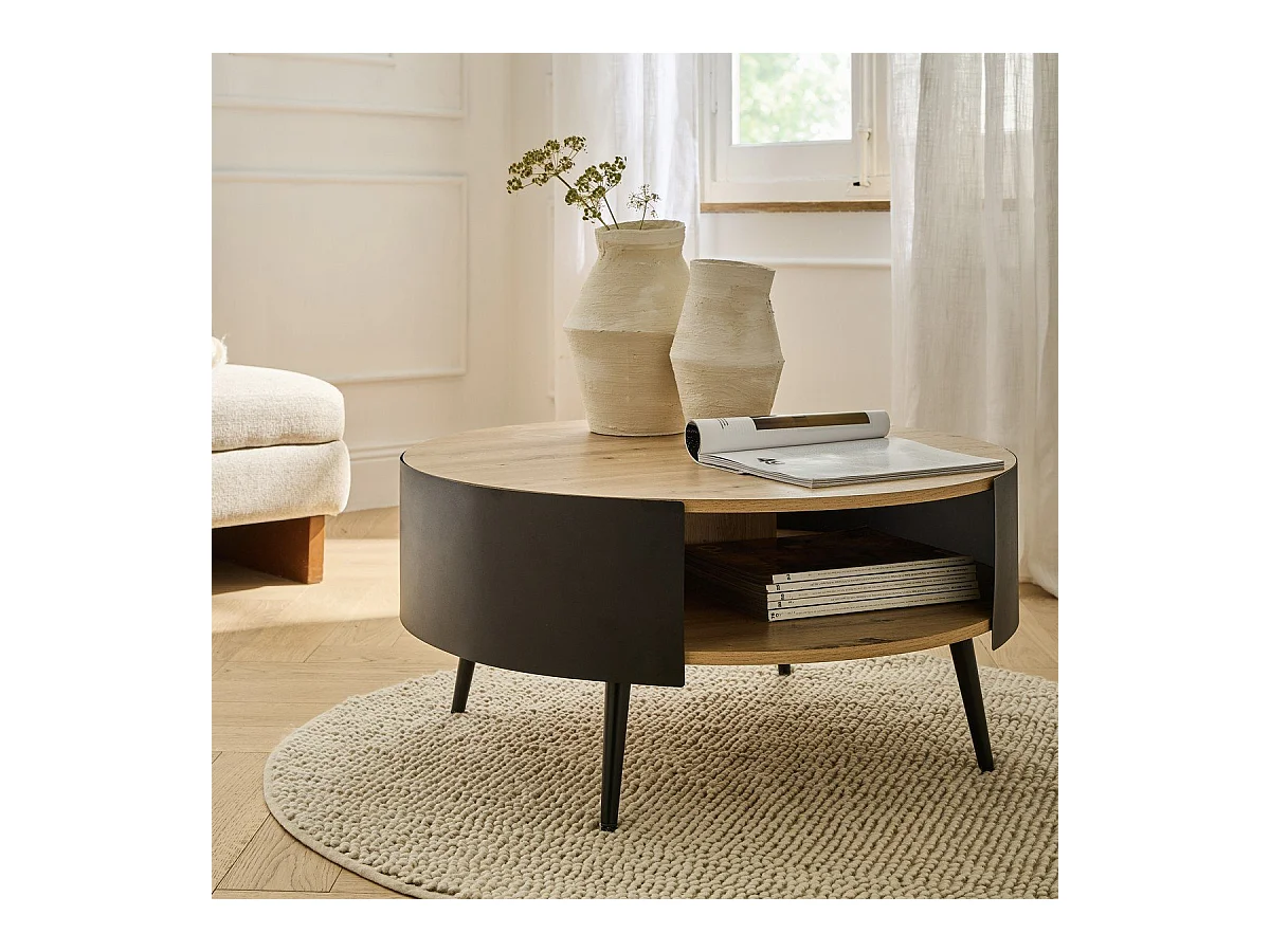 Ronde salontafel met 2 niveaus en zijkanten van zwart metaal, Ø80 cm – EKLO