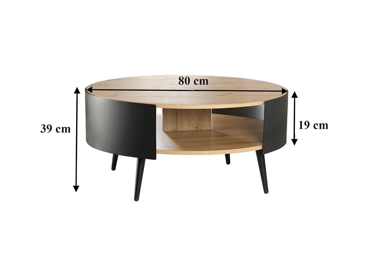 Ronde salontafel met 2 niveaus en zijkanten van zwart metaal, Ø80 cm – EKLO