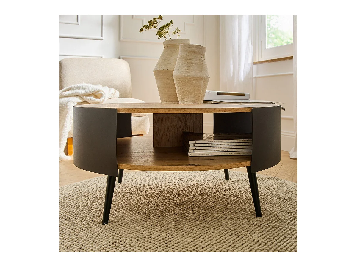 Ronde salontafel met 2 niveaus en zijkanten van zwart metaal, Ø80 cm – EKLO
