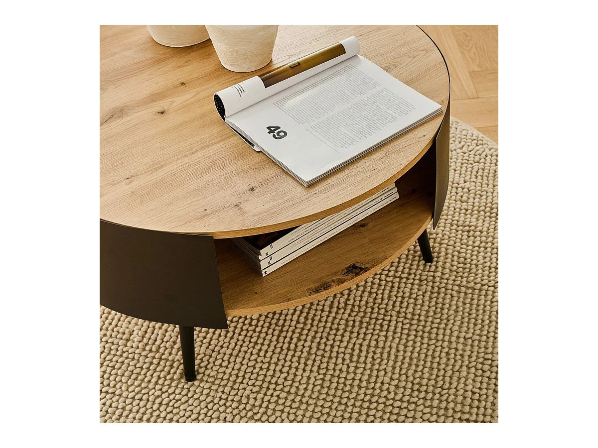 Ronde salontafel met 2 niveaus en zijkanten van zwart metaal, Ø80 cm – EKLO