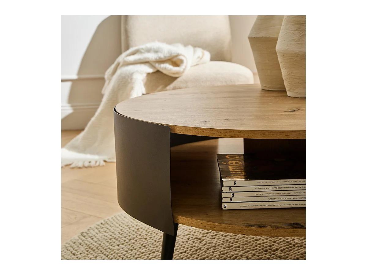 Ronde salontafel met 2 niveaus en zijkanten van zwart metaal, Ø80 cm – EKLO