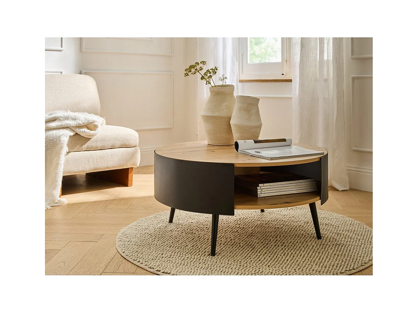 Ronde salontafel met 2 niveaus en zijkanten van zwart metaal, Ø80 cm – EKLO