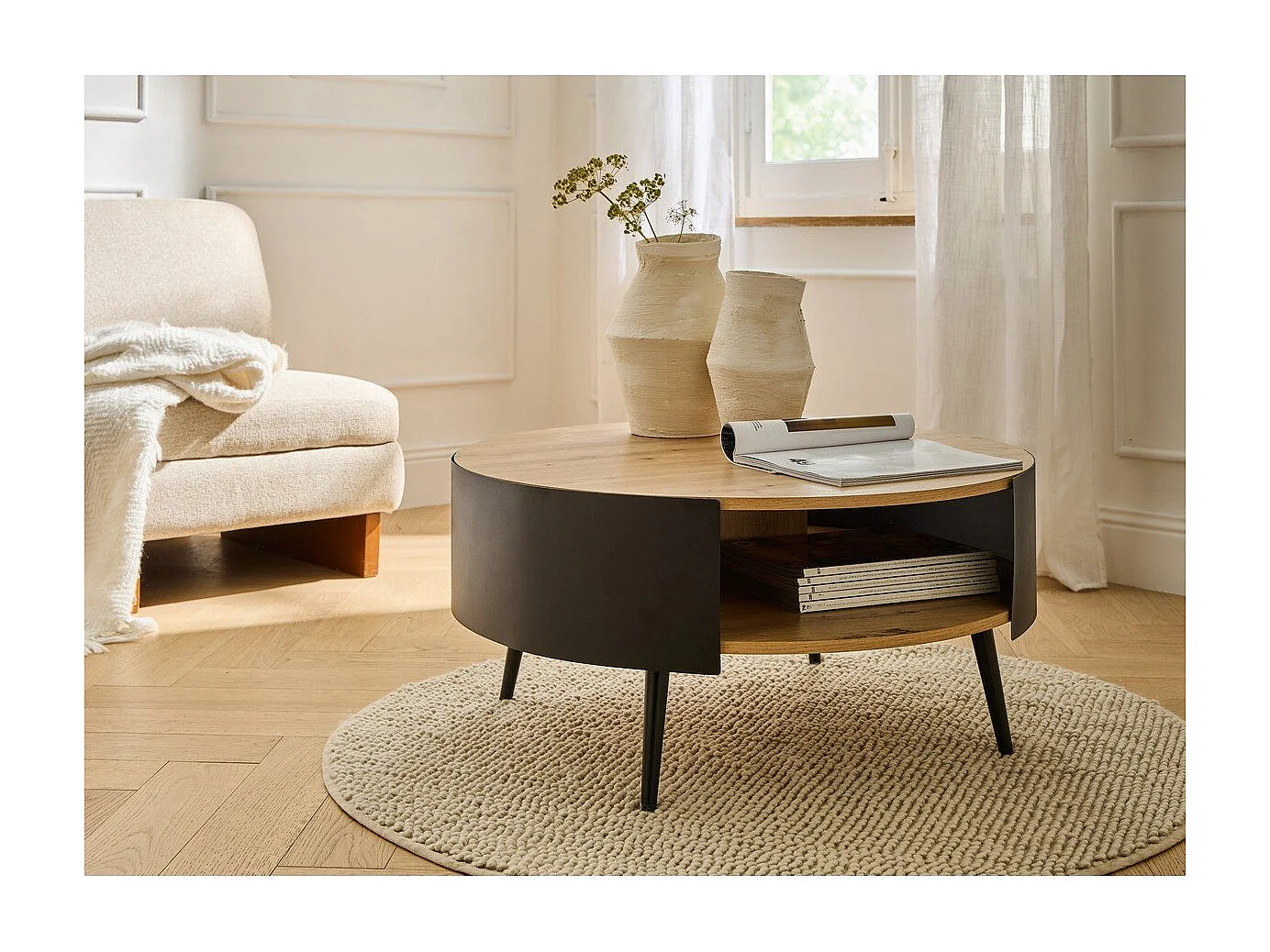 Table Basse Ronde 2 Niveaux Flancs Métal Noir Dia 80cm - EKLO