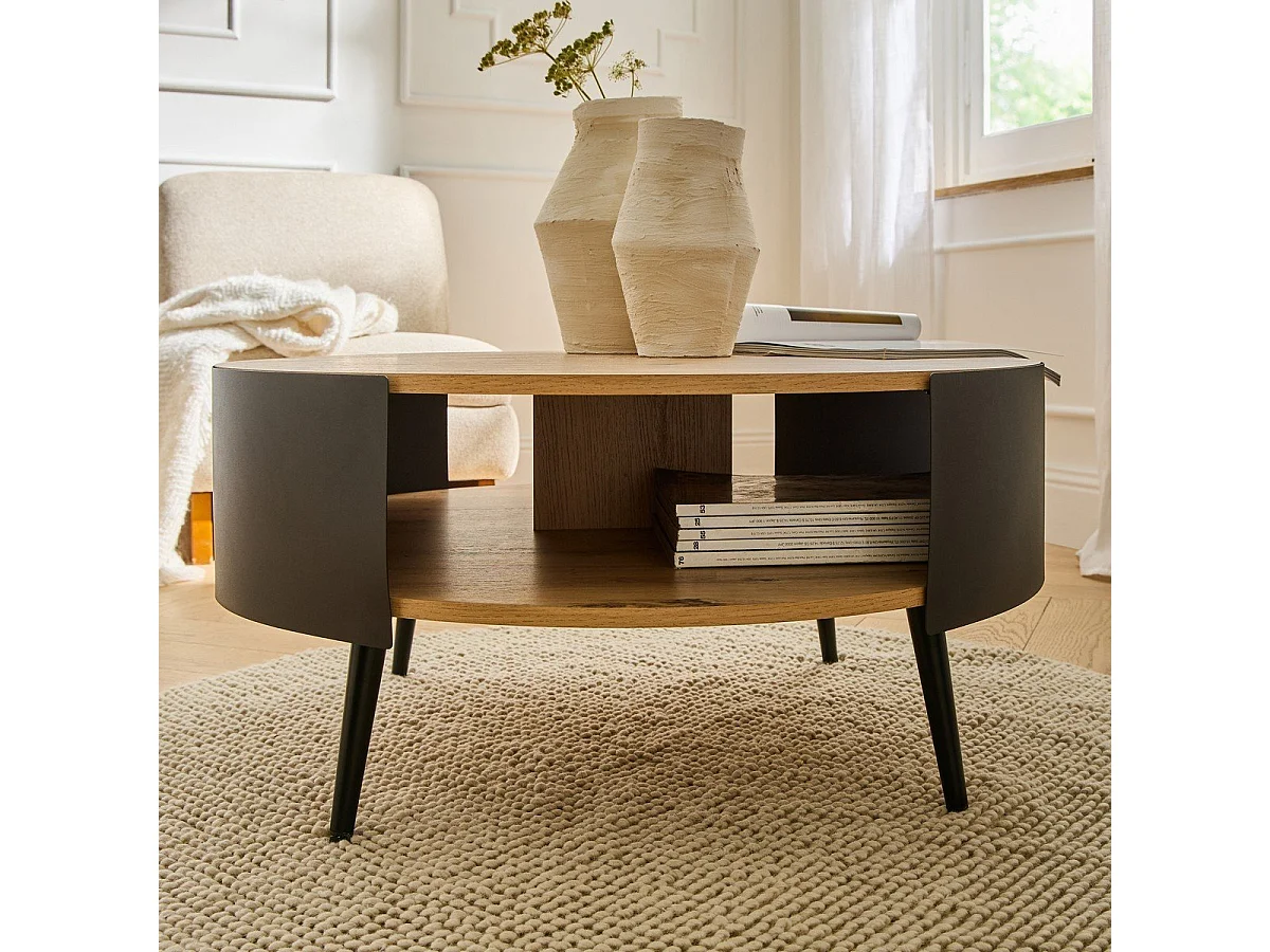 Table Basse Ronde 2 Niveaux Flancs Métal Noir Dia 80cm - EKLO