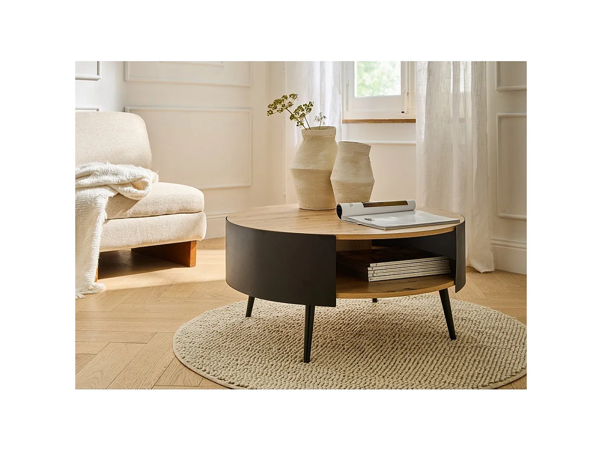 Table Basse Ronde 2 Niveaux Flancs Métal Noir Dia 80cm - EKLO
