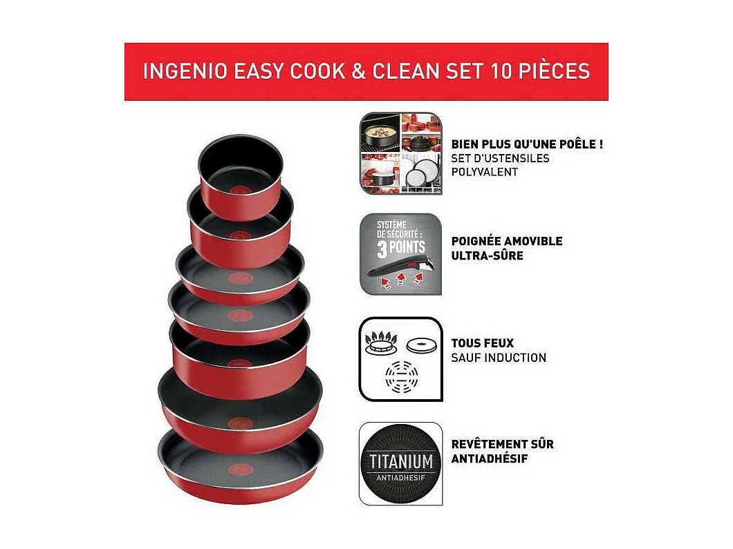 TEFAL L1529402 INGENIO EASY COOK N CLEAN Set 10 Pieces : Poeles + Casseroles + Wok + Sauteuse + Couvercles hermétiques +