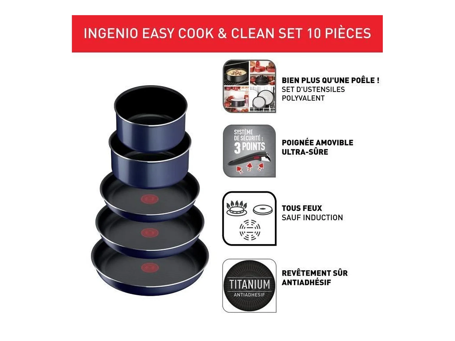 TEFAL L1579102 Ingenio Easy Cook N Clean Batterie de cuisine 10 pieces, anti ashésif, tous feux sauf induction, fabriqué en Fr