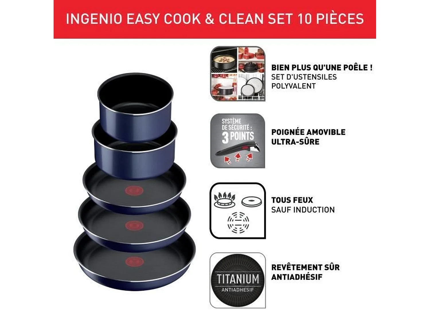 TEFAL L1579102 Ingenio Easy Cook N Clean Batterie de cuisine 10 pieces, anti ashésif, tous feux sauf induction, fabriqué en Fr