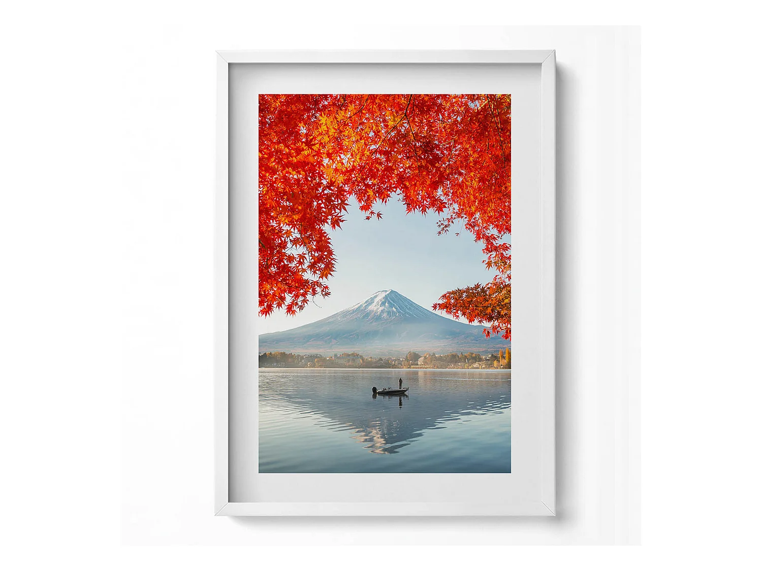 Tableau décoratif avec cadre blanc, Paysage du Mont Fuji sous l'arbre rouge 50 x 70 cm– Parfait pour le salon ou la chambre