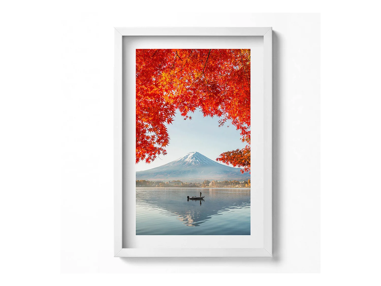 Tableau décoratif avec cadre blanc, Paysage du Mont Fuji sous l'arbre rouge 40 x 60 cm– Parfait pour le salon ou la chambre