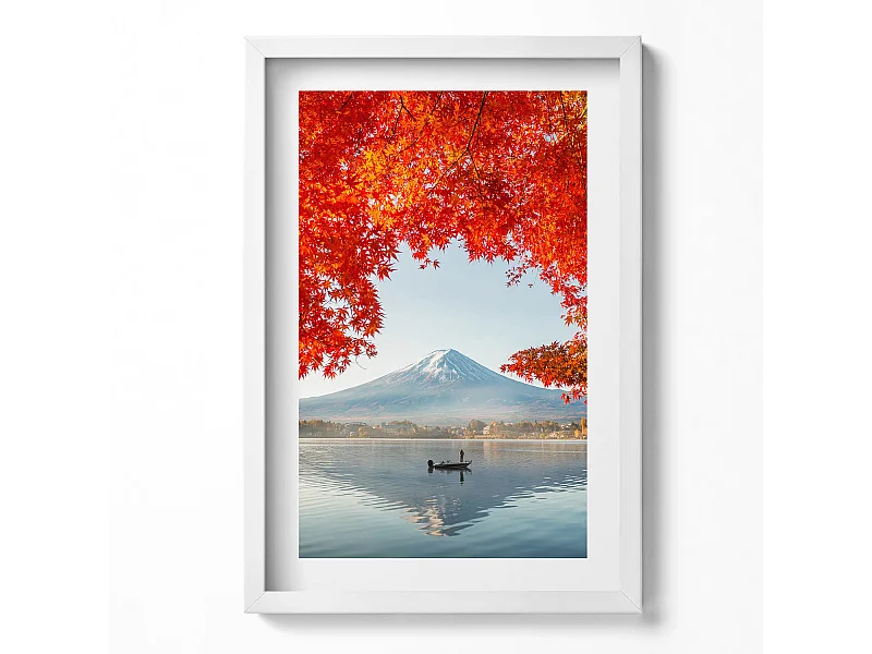 Dekoratives Gemälde mit weißem Rahmen, Landschaft des Fuji unter dem roten Baum 40 x 60 cm – Perfekt für das Wohn- oder Schlafzimmer