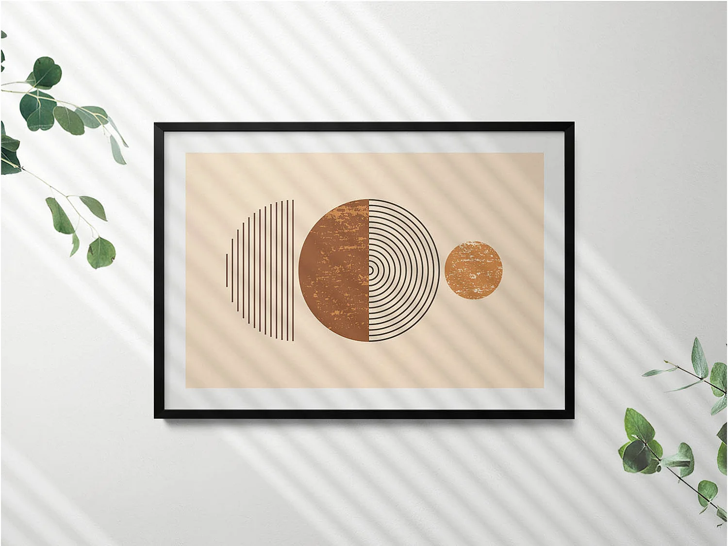 Dekoratives Gemälde mit schwarzem Rahmen, geometrische Kunst im Bohème-Stil 100 x 70 cm – perfekt für das Wohn- oder Schlafzimmer