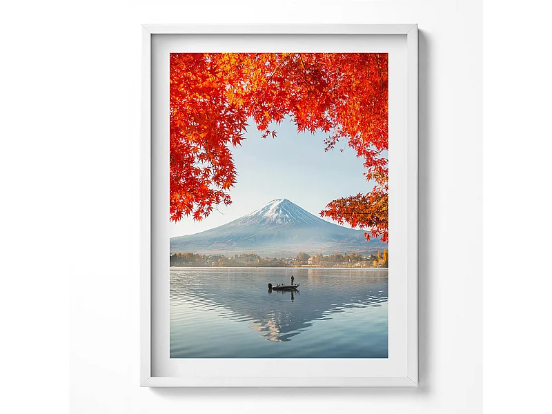 Dekoratives Gemälde mit weißem Rahmen, Landschaft des Fuji unter dem roten Baum 60 x 80 cm – Perfekt für das Wohn- oder Schlafzimmer
