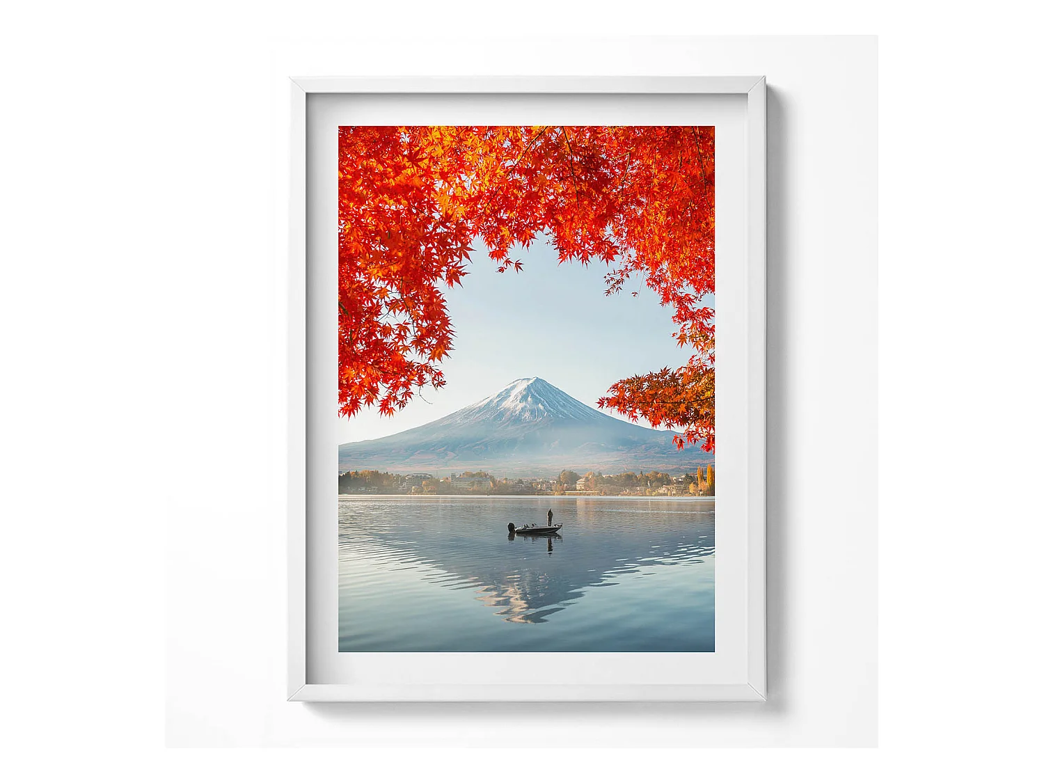 Tableau décoratif avec cadre blanc, Paysage du Mont Fuji sous l'arbre rouge 60 x 80 cm– Parfait pour le salon ou la chambre