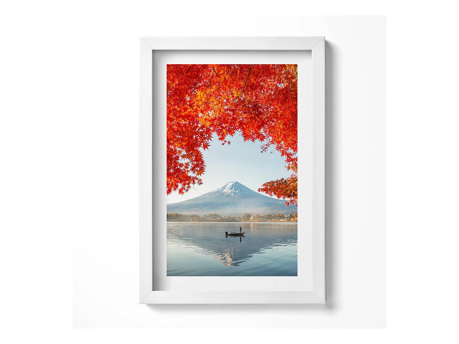 Tableau décoratif avec cadre blanc, Paysage du Mont Fuji sous l'arbre rouge 20 x 30 cm – Parfait pour le salon ou la chambre