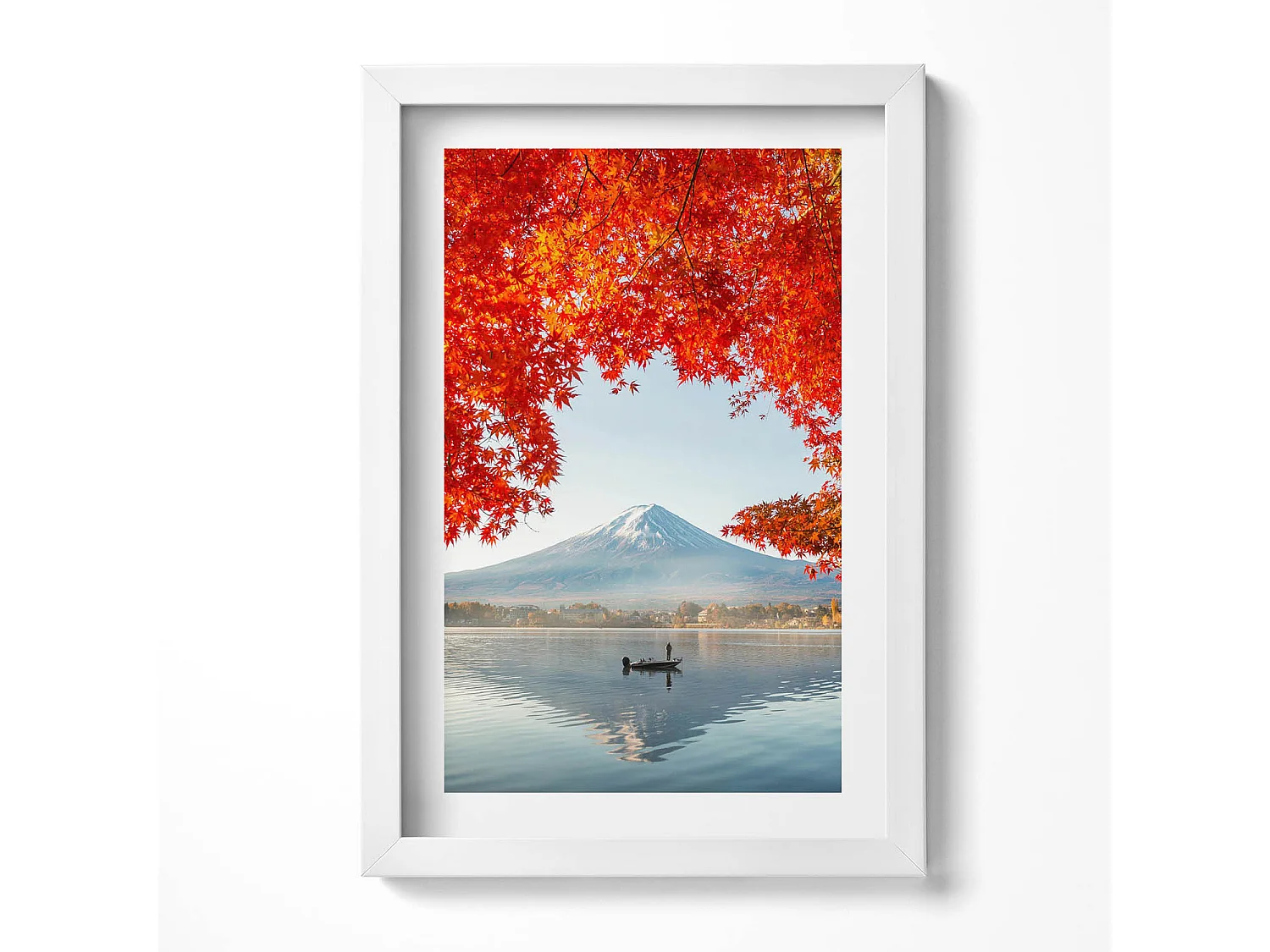 Tableau décoratif avec cadre blanc, Paysage du Mont Fuji sous l'arbre rouge 20 x 30 cm – Parfait pour le salon ou la chambre