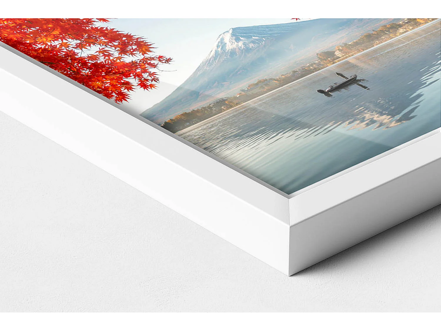 Tableau décoratif avec cadre blanc, Paysage du Mont Fuji sous l'arbre rouge 20 x 30 cm – Parfait pour le salon ou la chambre