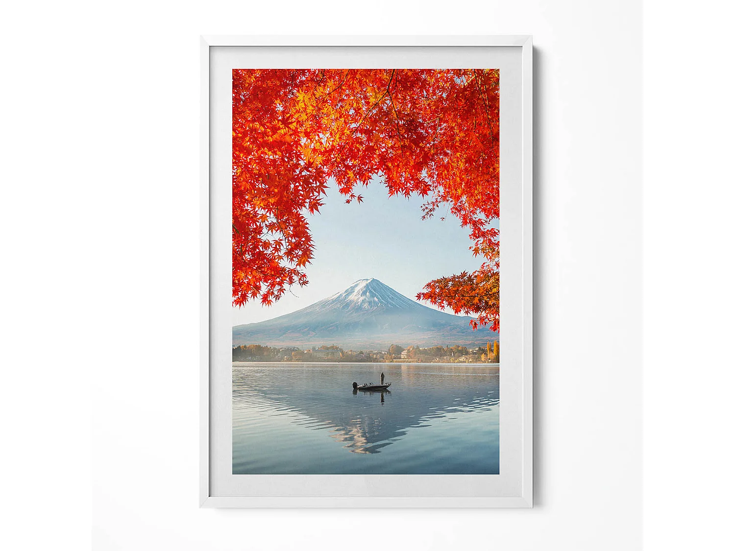 Dekoratives Gemälde mit weißem Rahmen, Landschaft des Fuji unter dem roten Baum 70 x 100 cm – Perfekt für das Wohn- oder Schlafzimmer