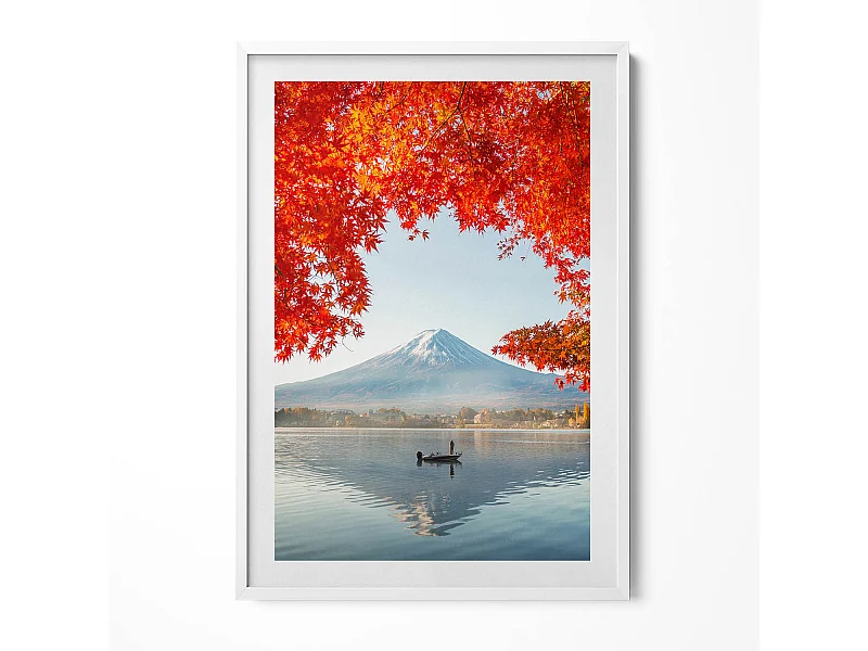 Dekoratives Gemälde mit weißem Rahmen, Landschaft des Fuji unter dem roten Baum 70 x 100 cm – Perfekt für das Wohn- oder Schlafzimmer