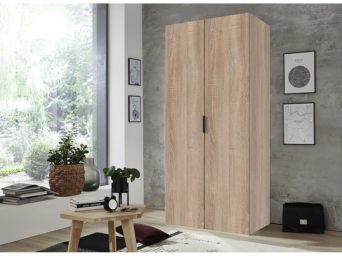 Armoire de rangement avec 2 portes en bois mélamine coloris Imitation chêne  - Longueur 80 x Hauteur 185 x Profondeur 54 cm 