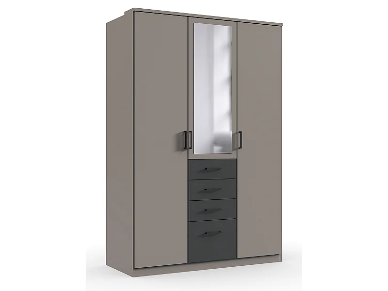 Armoire, meuble de rangement avec 2 portes, 4 tiroirs et 1 miroir coloris  Gris sahara, rechampis graphite- Longueur 135 x Hauteur 199  x Profondeur 58 cm 