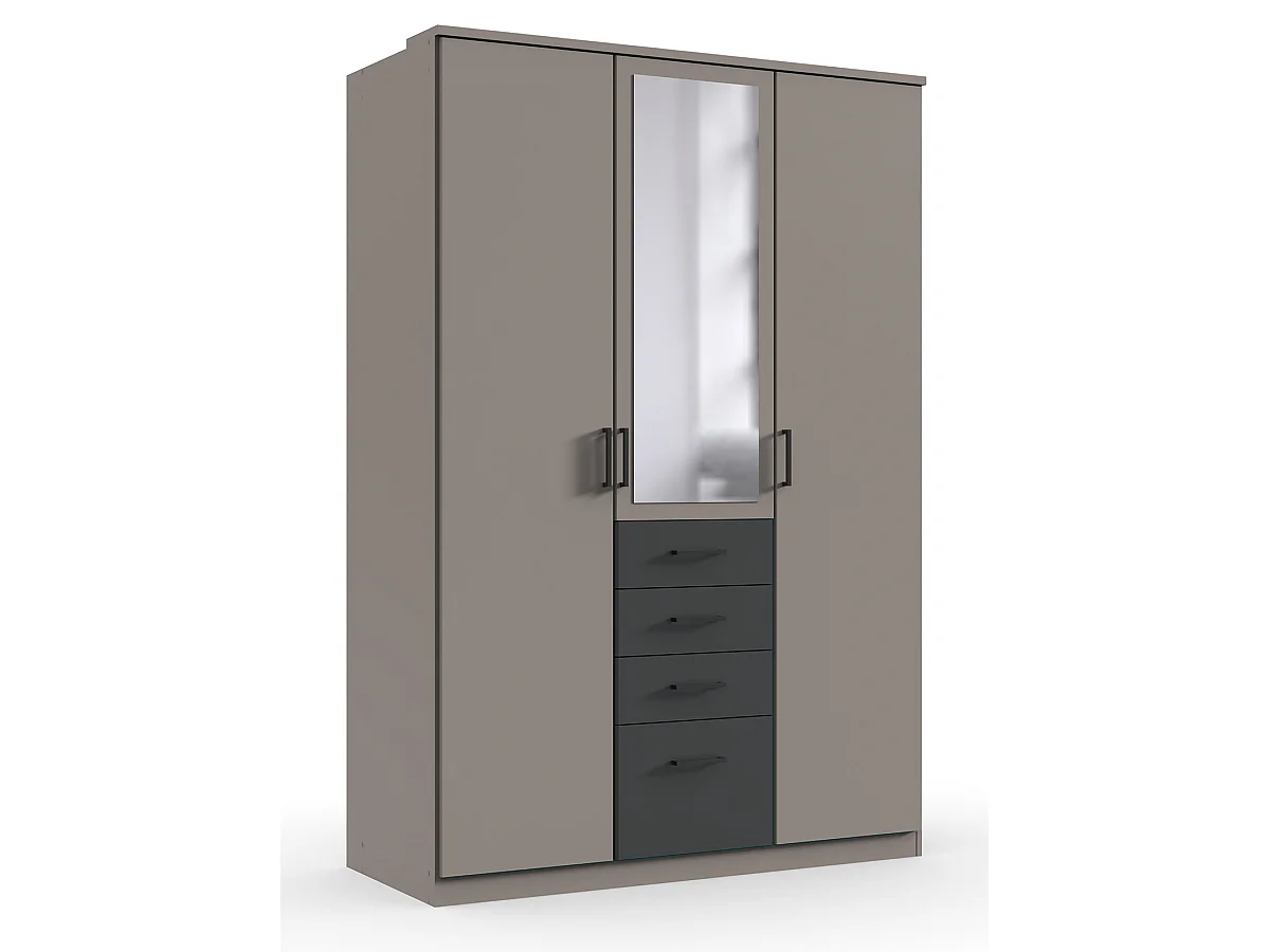 Armoire, meuble de rangement avec 2 portes, 4 tiroirs et 1 miroir coloris  Gris sahara, rechampis graphite- Longueur 135 x Hauteur 199  x Profondeur 58 cm 