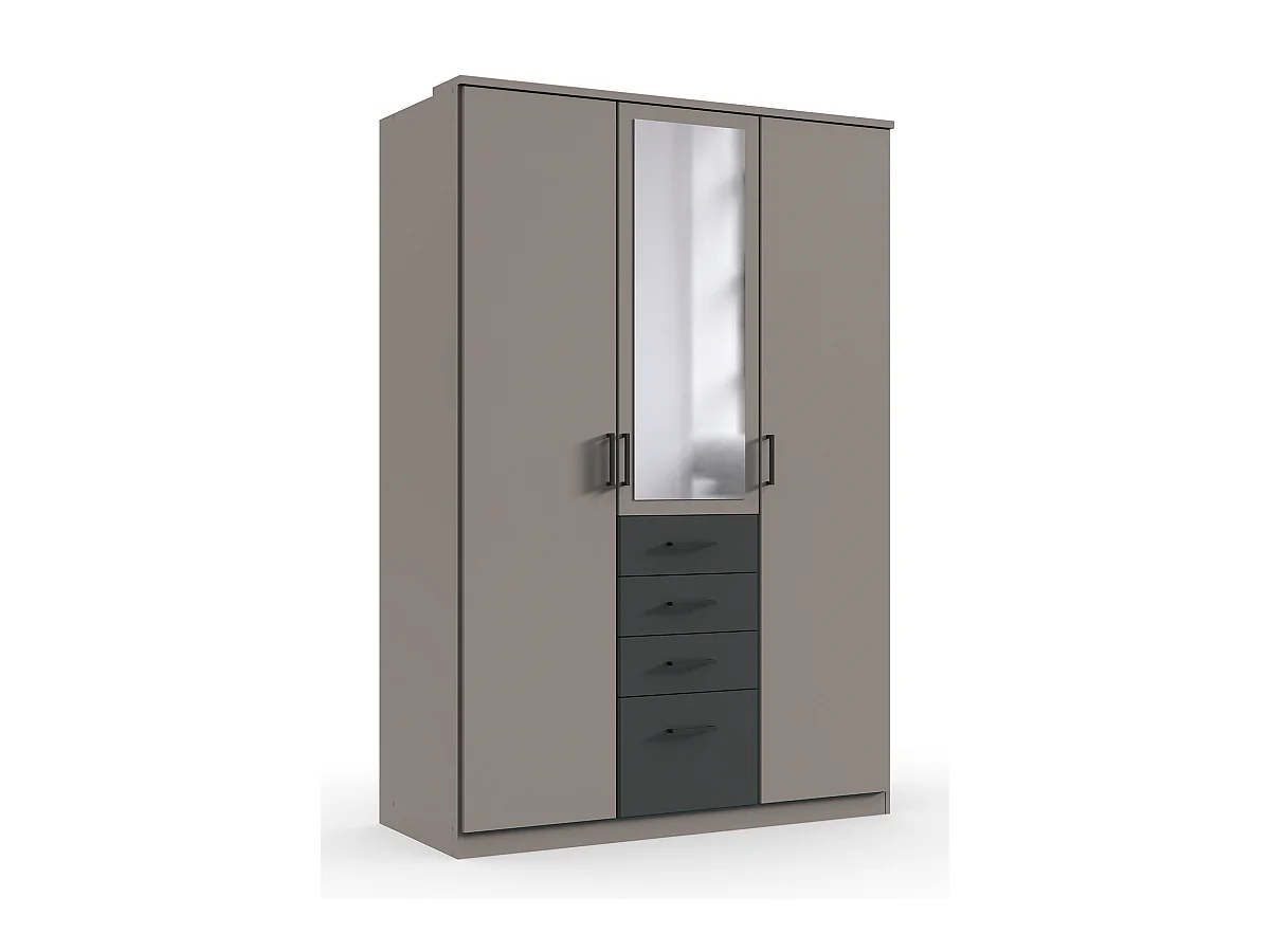 Armoire, meuble de rangement avec 2 portes, 4 tiroirs et 1 miroir coloris  Gris sahara, rechampis graphite- Longueur 135 x Hauteur 199  x Profondeur 58 cm 