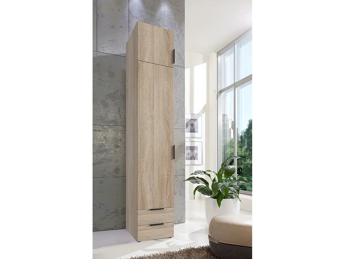 Armoire de rangement avec 2 portes et 2 tiroirs en bois mélamine coloris imitation chêne -Longueur 40 x Hauteur 225  x Profondeur  54 cm 