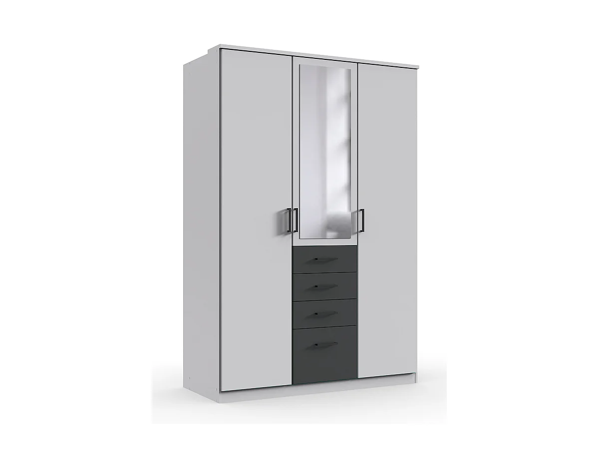 Armoire, meuble de rangement avec 2 portes, 4 tiroirs et 1 miroir coloris Blanc, rechampis graphite - Longueur 135 x Hauteur 199  x Profondeur 58 cm 