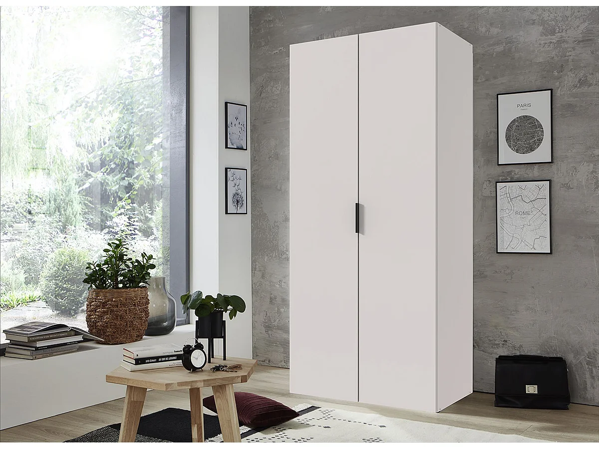 Armoire de rangement avec 2 portes en bois mélamine coloris Blanc  - Longueur 80 x Hauteur 185 x Profondeur 54 cm 