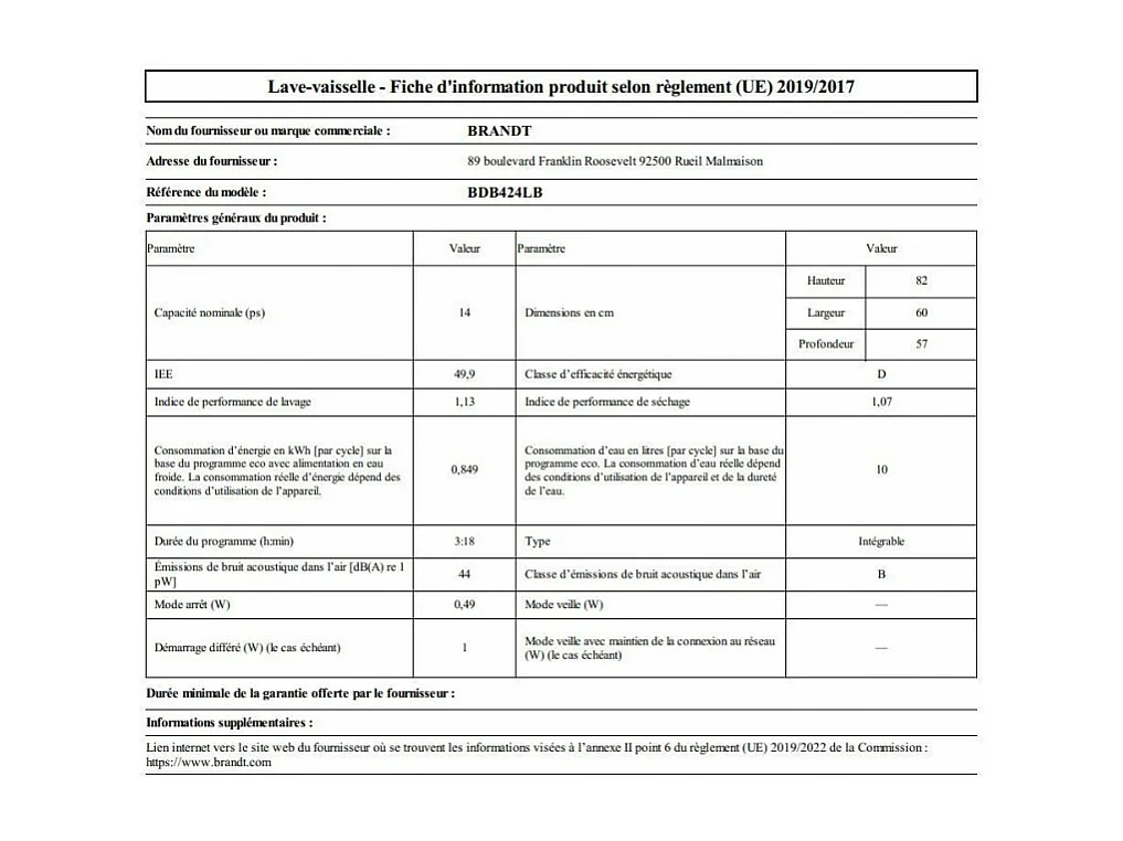 Lave-vaisselle encastrable BRANDT 14 Couverts 59.8cm D, BDB424LB