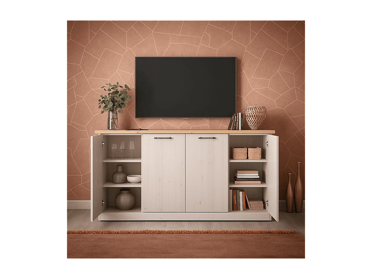 Dressoir met 4 deuren, decor eiken Cadiz en meringuewit L211 cm - COUNTRY