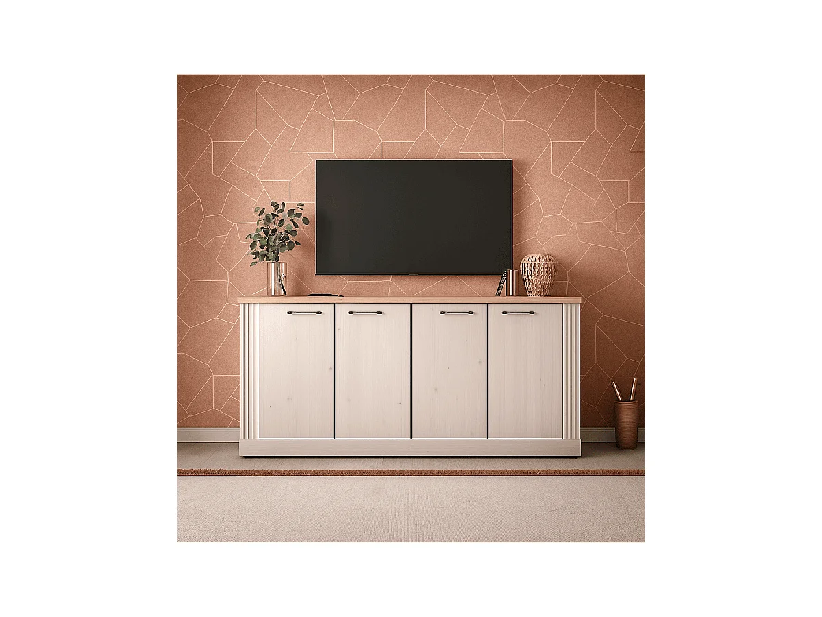 Dressoir met 4 deuren, decor eiken Cadiz en meringuewit L211 cm - COUNTRY