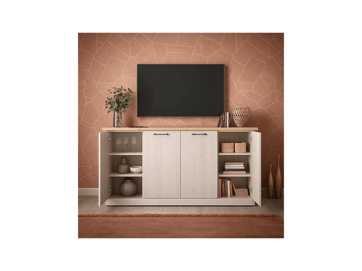 Dressoir met 4 deuren, decor eiken Cadiz en meringuewit L211 cm - COUNTRY