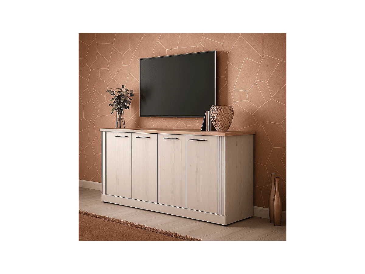 Dressoir met 4 deuren, decor eiken Cadiz en meringuewit L211 cm - COUNTRY