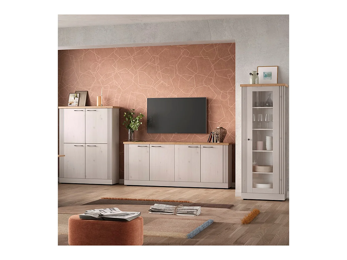 Dressoir met 4 deuren, decor eiken Cadiz en meringuewit L211 cm - COUNTRY