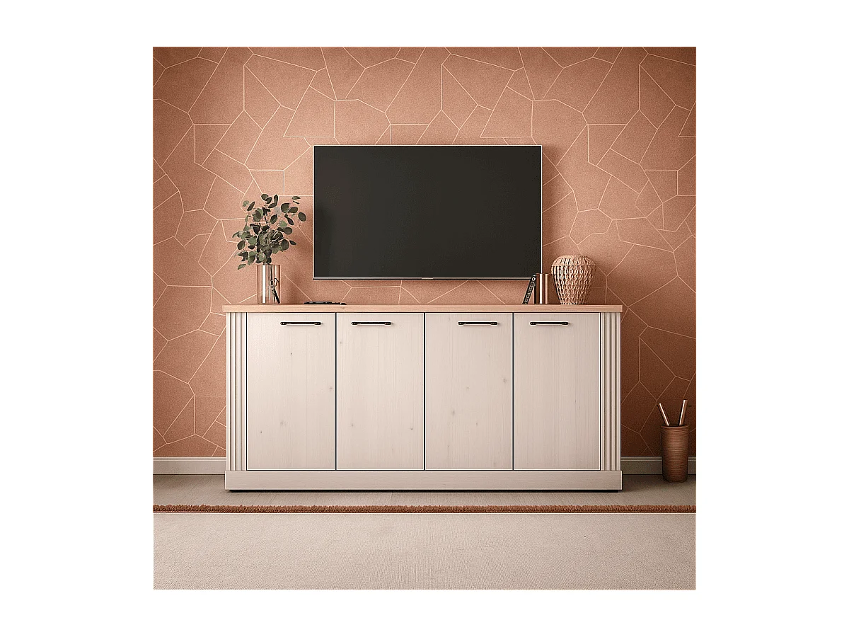 Buffet 4 portes décor chêne cadiz et blanc meringué L211 cm - COUNTRY