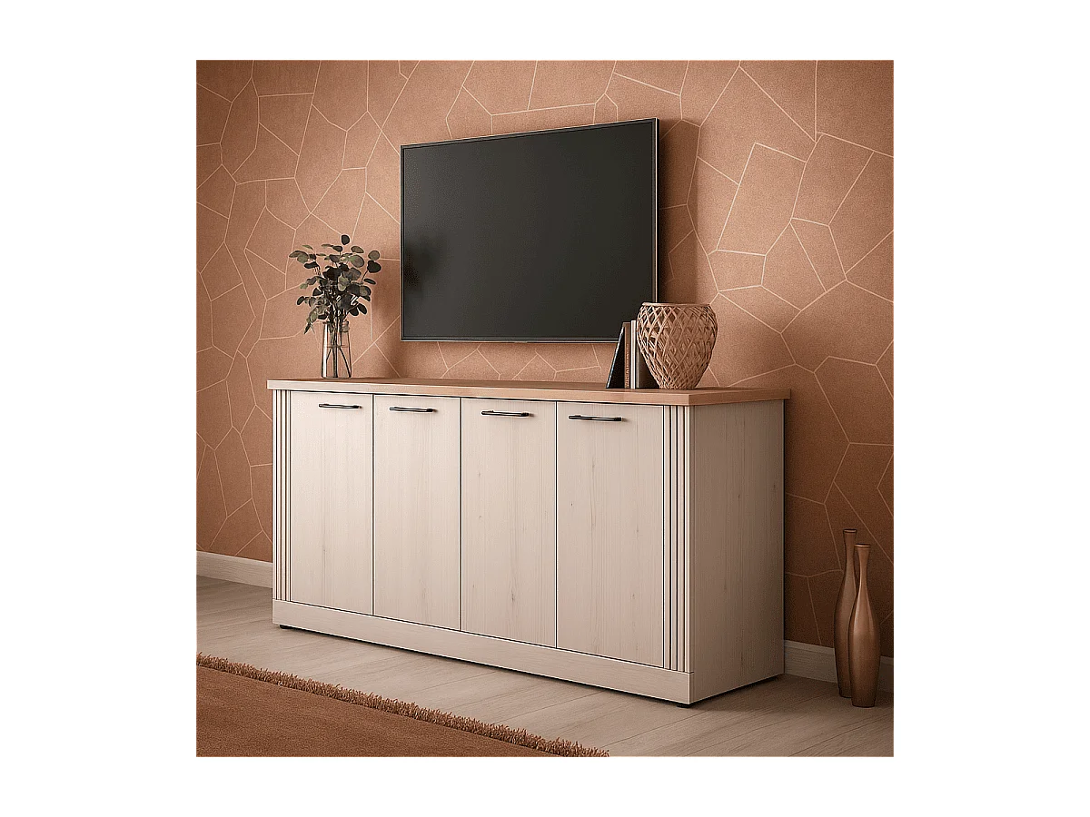 Buffet 4 portes décor chêne cadiz et blanc meringué L211 cm - COUNTRY