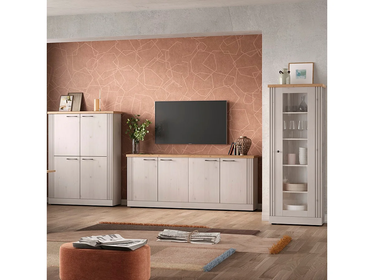 Buffet 4 portes décor chêne cadiz et blanc meringué L211 cm - COUNTRY