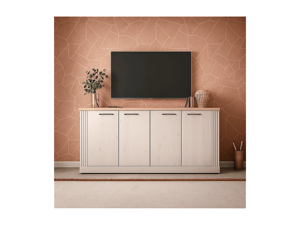 Buffet 4 portes décor chêne cadiz et blanc meringué L211 cm - COUNTRY