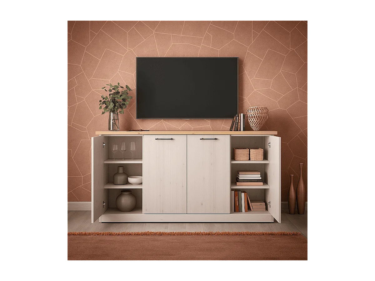 Buffet 4 portes décor chêne cadiz et blanc meringué L211 cm - COUNTRY