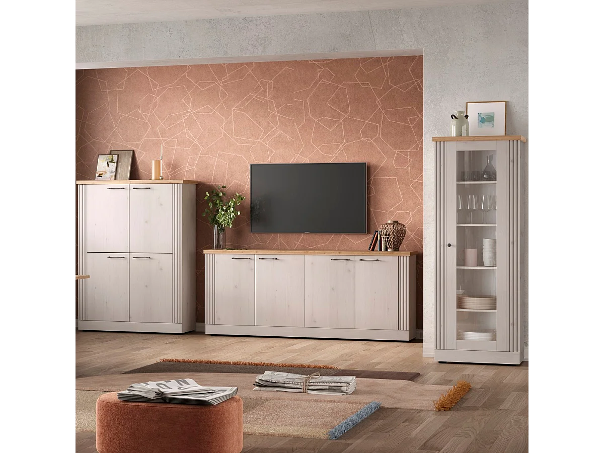 Buffet 4 portes décor chêne cadiz et blanc meringué L211 cm - COUNTRY