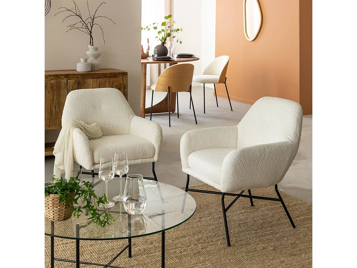 Sillón blanco de bouclé con almacenamiento Kanoa para adultos