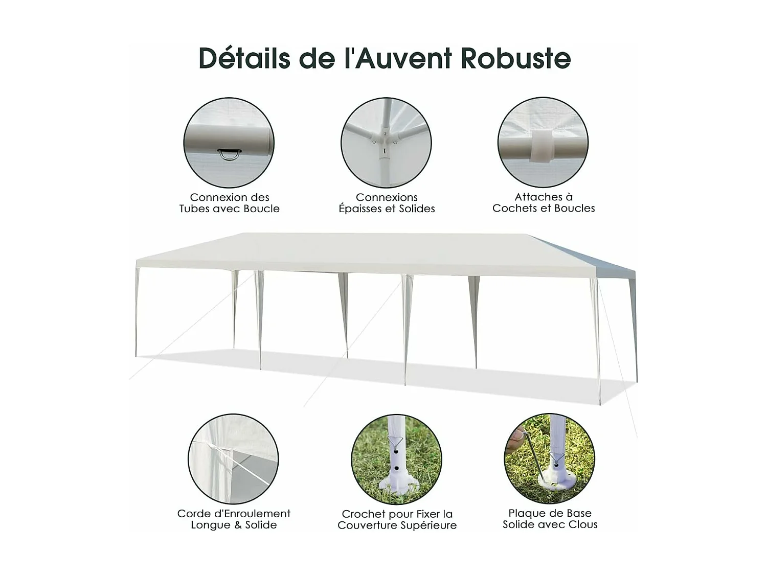 Tonnelle de Jardin 3 M x 9 M Étanche, Tente de Réception Pliante en Tube Métal 8 Cordes à Vent et 16 Piquets Boucle, pour Fêtes Commercial Mariage, Blanc