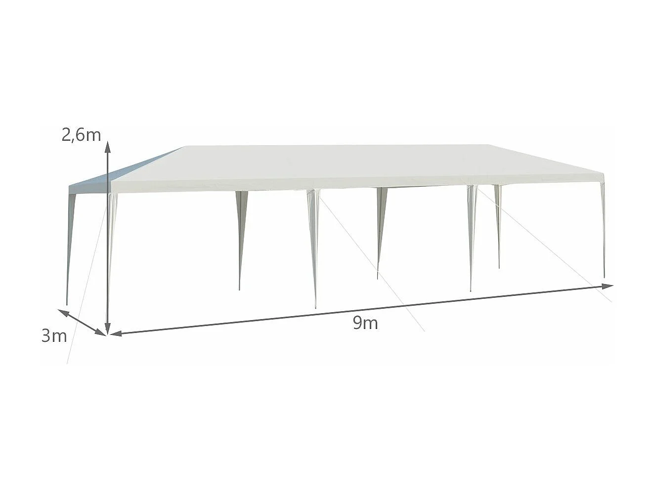 Tonnelle de Jardin 3 M x 9 M Étanche, Tente de Réception Pliante en Tube Métal 8 Cordes à Vent et 16 Piquets Boucle, pour Fêtes Commercial Mariage, Blanc
