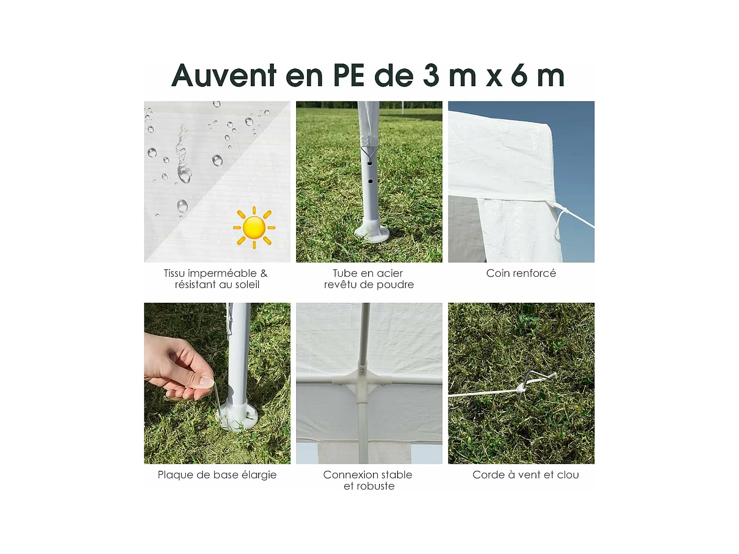 Tonnelle de Jardin 3 M x 9 M Étanche, Tente de Réception Pliante en Tube Métal 8 Cordes à Vent et 16 Piquets Boucle, pour Fêtes Commercial Mariage, Blanc