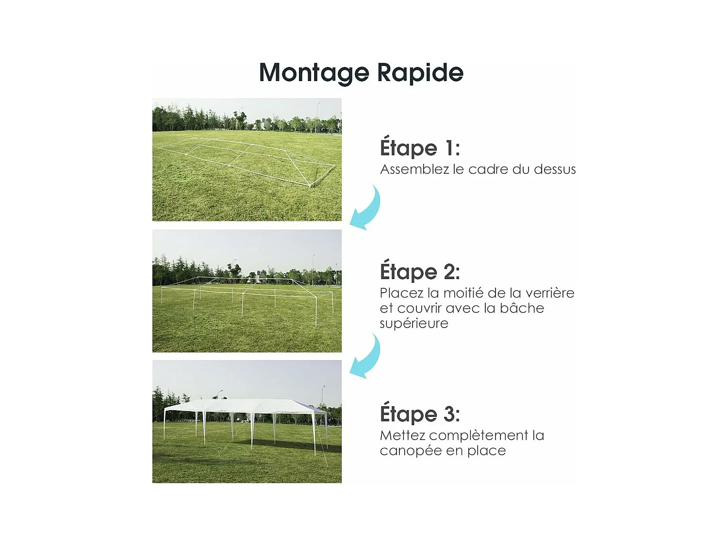 Tonnelle de Jardin 3 M x 9 M Étanche, Tente de Réception Pliante en Tube Métal 8 Cordes à Vent et 16 Piquets Boucle, pour Fêtes Commercial Mariage, Blanc