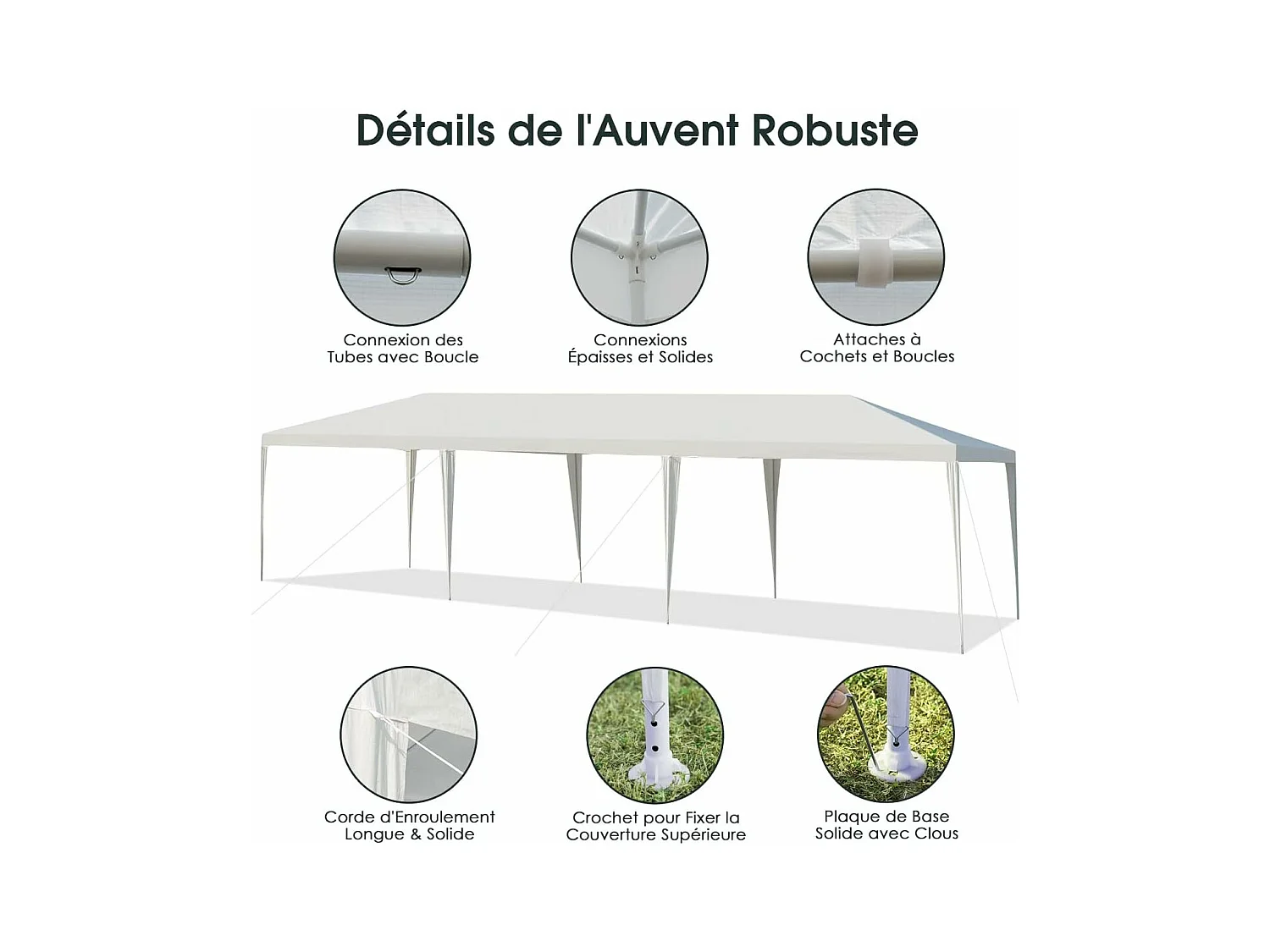 Tonnelle de Jardin 3 M x 9 M Étanche, Tente de Réception Pliante en Tube Métal 8 Cordes à Vent et 16 Piquets Boucle, pour Fêtes Commercial Mariage, Blanc