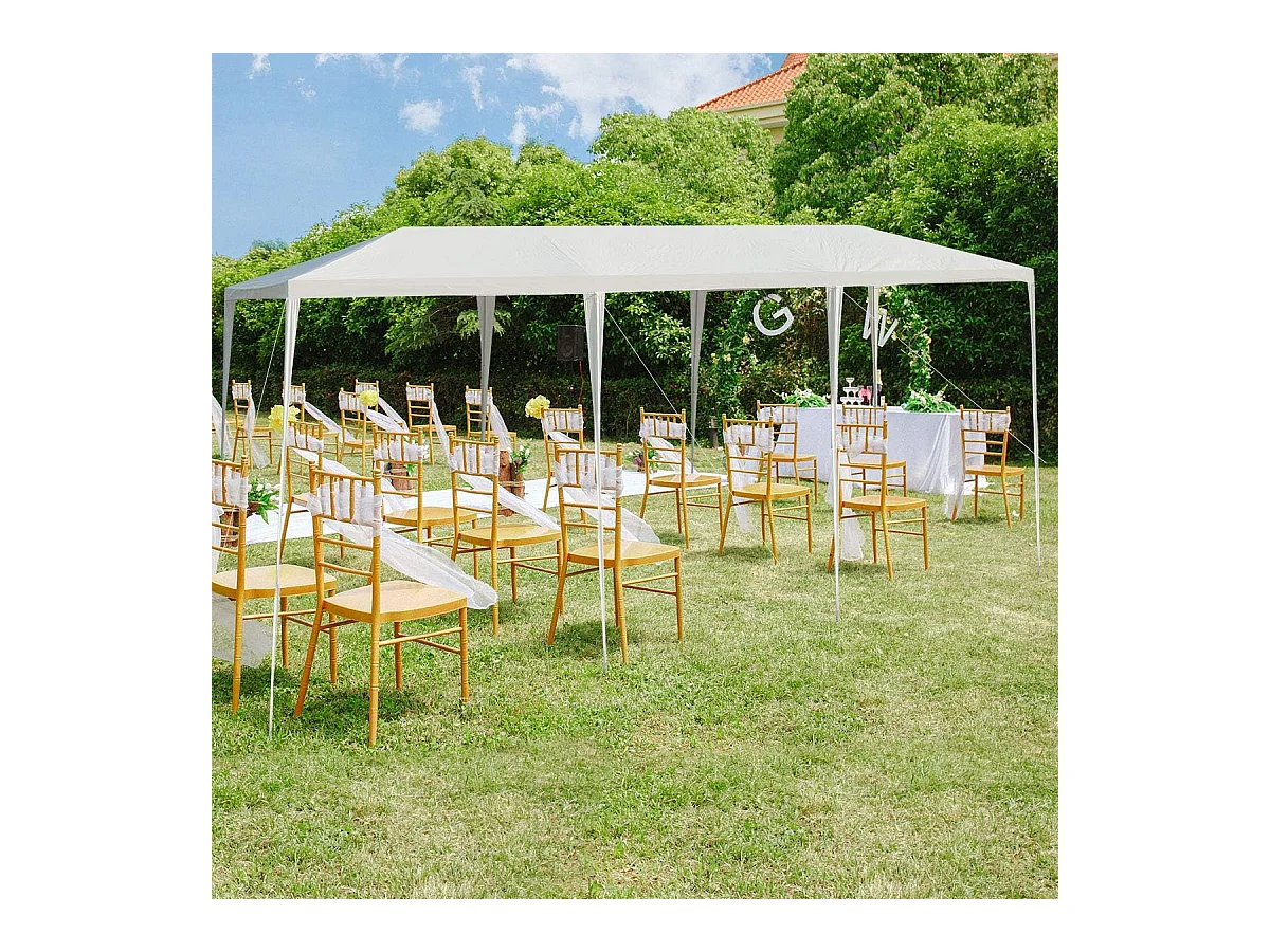Tonnelle de Jardin 3 M x 9 M Étanche, Tente de Réception Pliante en Tube Métal 8 Cordes à Vent et 16 Piquets Boucle, pour Fêtes Commercial Mariage, Blanc